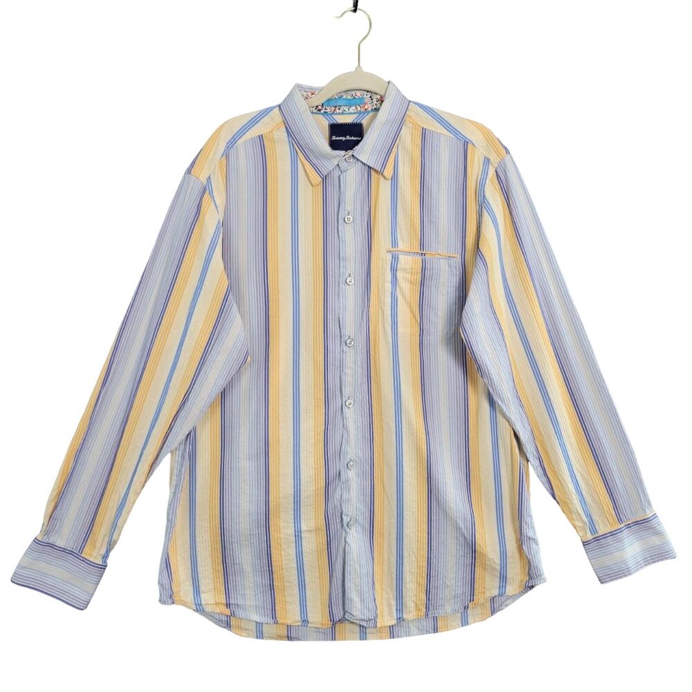 TOMMY BAHAMA Orange Blue Striped Cotton Silk Button Shirt Preppy SIZE LARGE